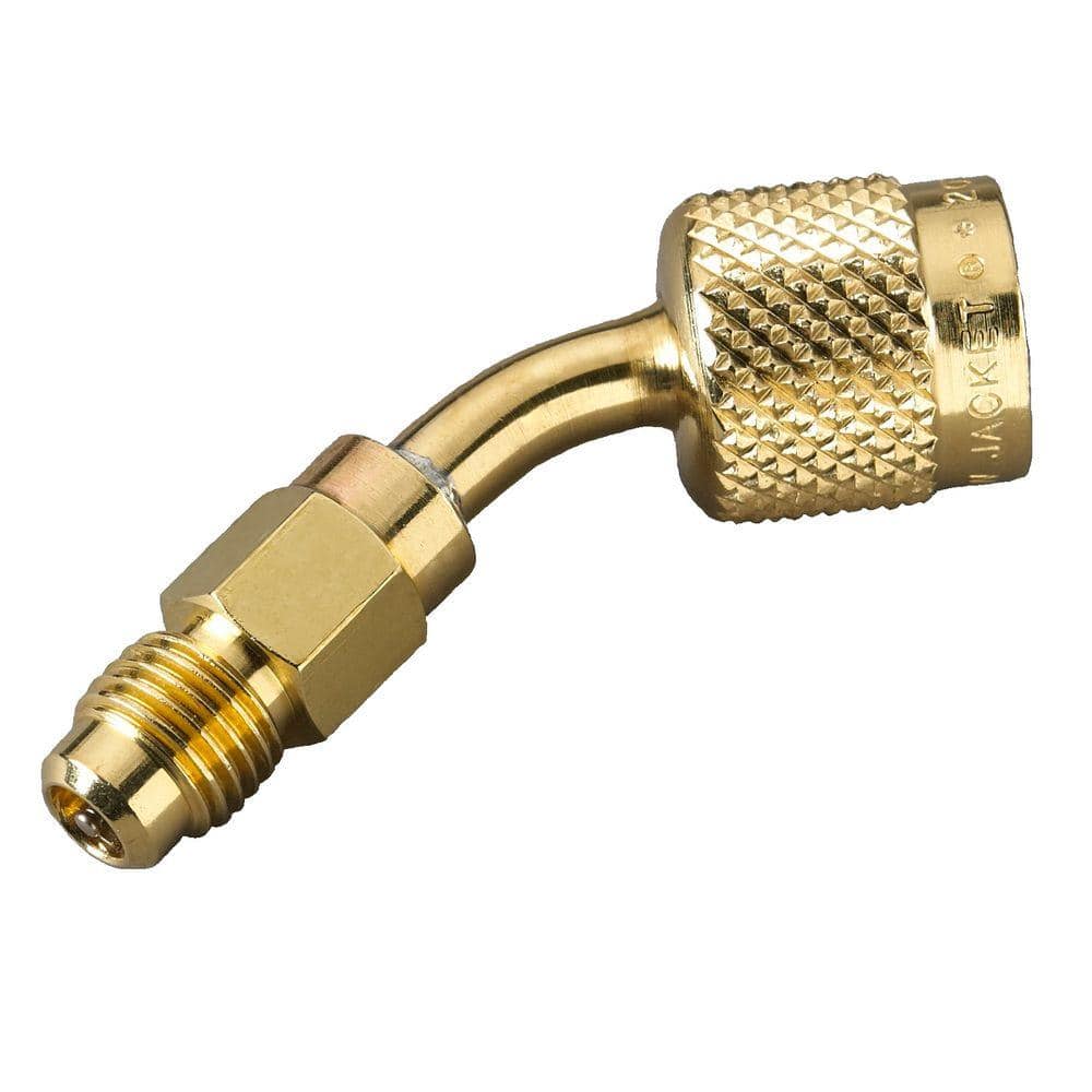 Yellow Jacket 5/16 in. Vrouwelijke Snelkoppeling x 1/4 in. Mannelijke Flare met Schrader Kern 45 Graden R410A Fitting